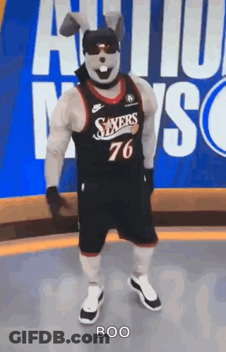 Sixers Mascot In Bunny Mask On Basketball Court GIF