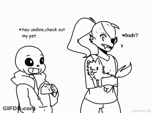 Skeleton And Girl With Dog Asking If Pet Is Rock GIF