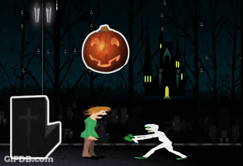 Skeleton And Pumpkin With Castle Background GIF