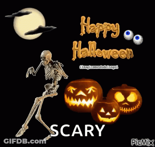 Skeleton And Pumpkins Saying Happy Halloween Scary GIF