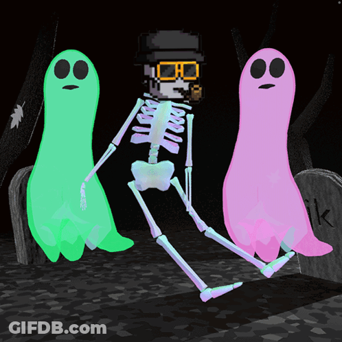 Skeleton And Two Ghosts With Letter K On Gravestone GIF