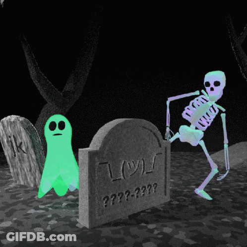 Skeleton Beside Gravestone Saying IK GIF