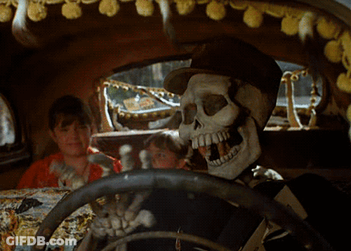 Skeleton Driving Car With Two Children GIF