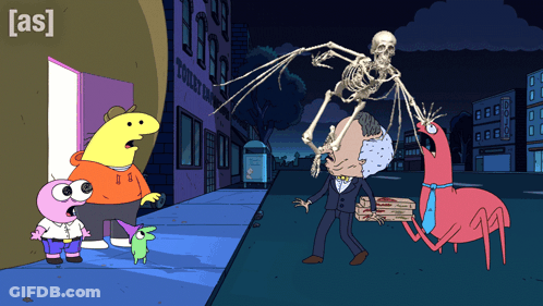 Skeleton Flying Over Man Carrying Pizza GIF