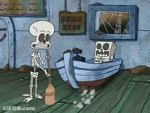 Skeleton Holding Broom Next To Boat Saying Order Here GIF