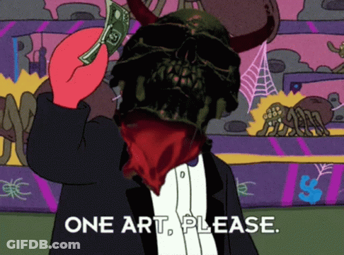 Skeleton Holding Dollar Bill Saying One Art Please GIF