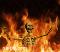 Skeleton Holding Fork In Front Of Flames GIF