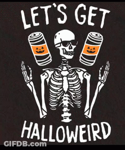 Skeleton Holding Pumpkin Cans Says Let's Get Halloweird GIF