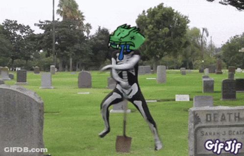 Skeleton Holding Shovel In Cemetery GIF