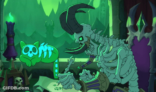 Skeleton Holding Sword And Green Cat With Skull GIF