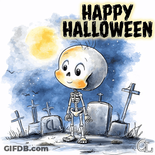 Skeleton In Cemetery Saying Happy Halloween GIF