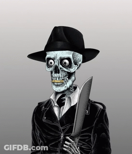 Skeleton In Hat And Jacket Holding Knife GIF