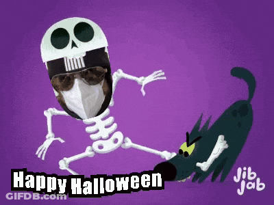 Skeleton In Mask And Sunglasses Next To Dog Happy Halloween GIF
