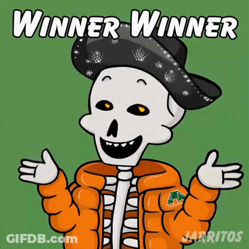 Skeleton In Orange Jacket And Black Hat Winner GIF