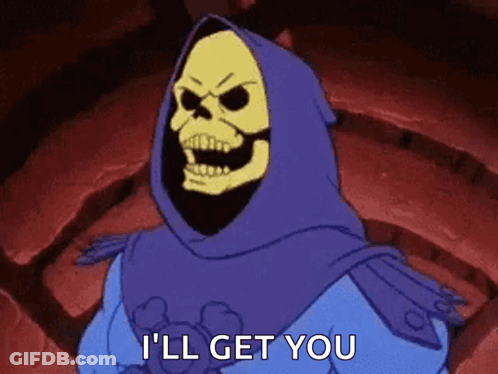 Skeleton In Purple Hood Saying I'll Get You GIF