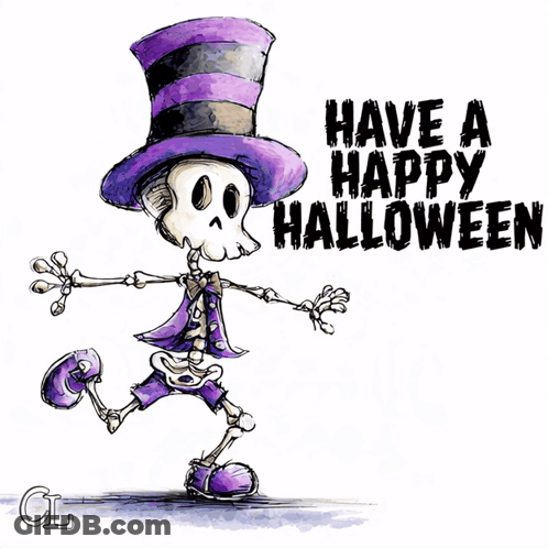 Skeleton In Purple Top Hat Saying Have A Happy Halloween GIF