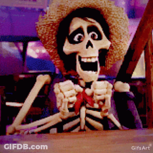 Skeleton In Straw Hat And Bow Tie Sitting On Table GIF