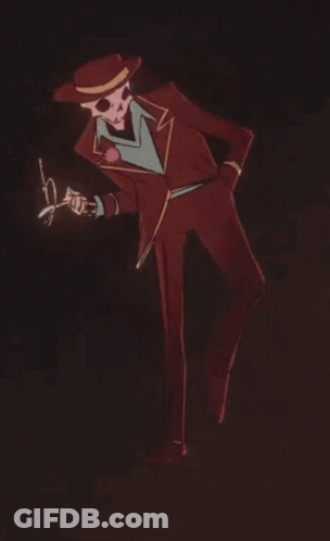 Skeleton In Suit And Hat Holding Scissors GIF