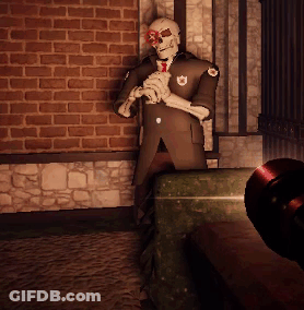 Skeleton In Suit Standing Next To Green Box GIF
