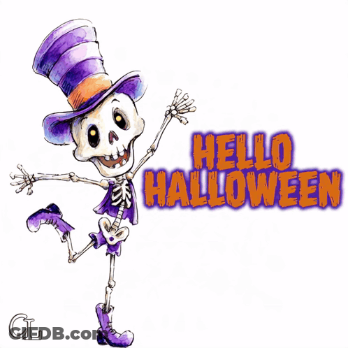 Skeleton In Top Hat And Purple Boots Saying Hello Halloween GIF