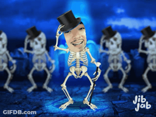 Skeleton In Top Hat Holding Cane GIF