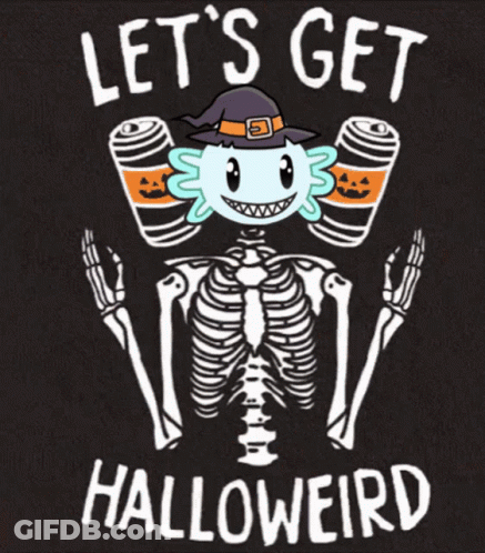 Skeleton In Witch Hat Holding Soda Says Let's Get Halloweird GIF