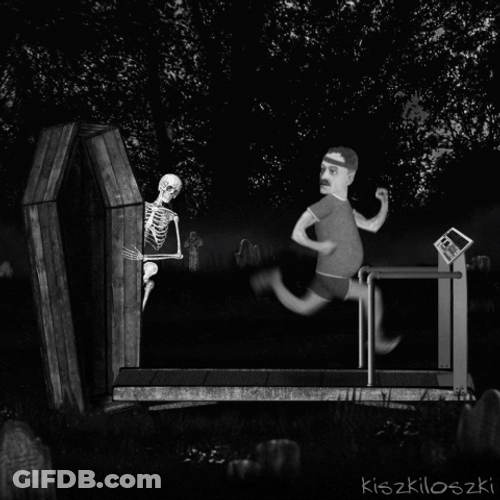 Skeleton Laughing Let Man Running Treadmill GIF