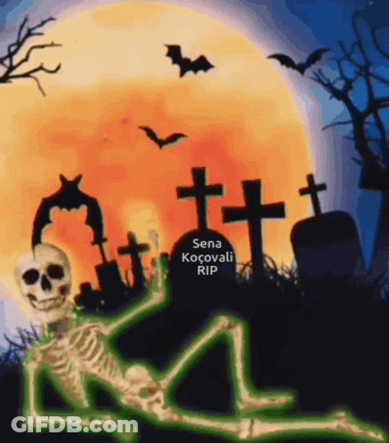 Skeleton Laying In Front Of Cemetery Sena Kocovali RIP GIF