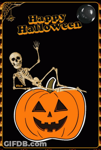 Skeleton Laying On Orange Pumpkin Saying Happy Halloween GIF
