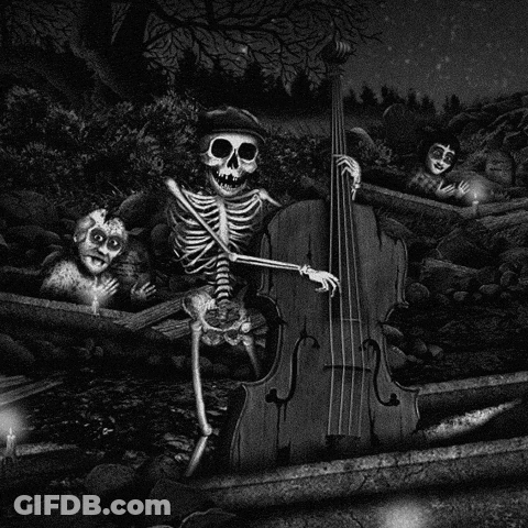 Skeleton Playing Double Bass In Cemetery GIF