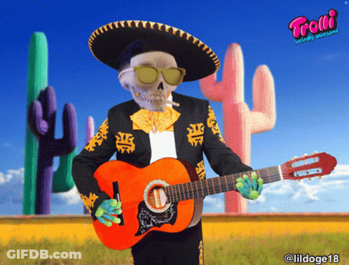 Skeleton Playing Guitar With Trolli GIF