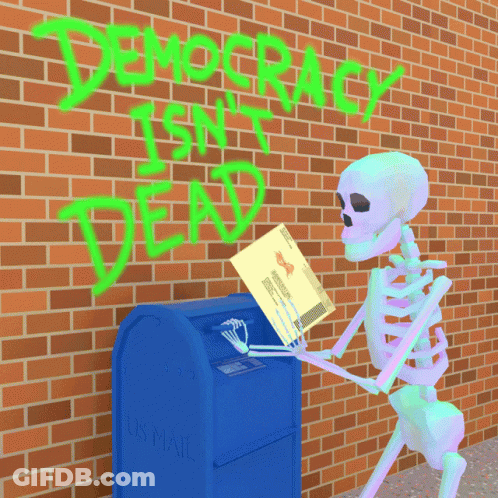 Skeleton Putting Envelope Into Mailbox In Front Of Brick Wall GIF