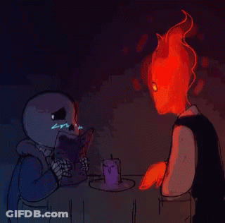 Skeleton Reading Menu Next To Fire Monster GIF