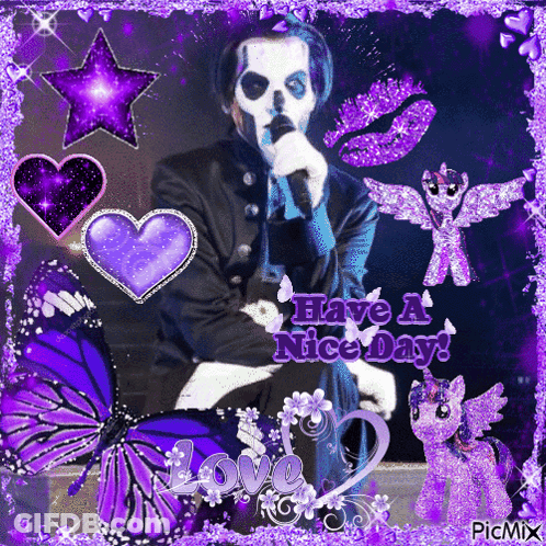 Skeleton Singing With Purple Butterflies And Hearts GIF