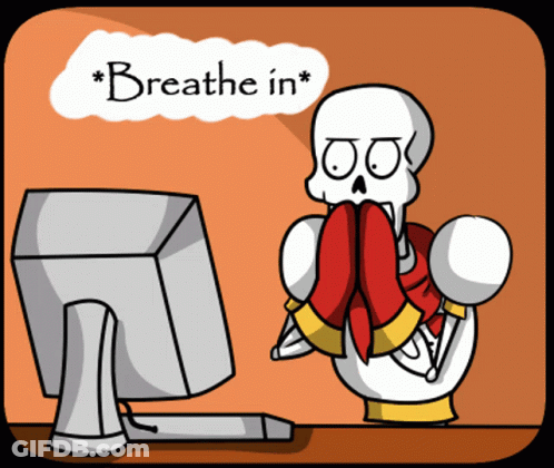 Skeleton Sitting At Computer Saying Breathe In GIF