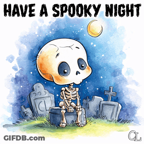 Skeleton Sitting In Cemetery Saying Have A Spooky Night GIF