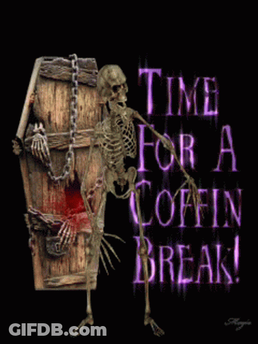 Skeleton Sitting In Coffin With RIP GIF