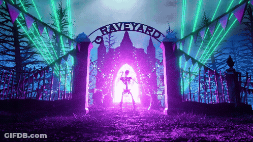 Skeleton Standing At Gate Saying Graveyard GIF