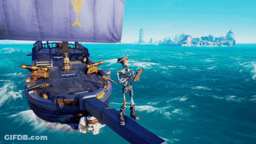Skeleton Standing On Side Of Boat In Ocean GIF