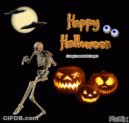 Skeleton Surrounded By Pumpkins Happy Halloween GIF