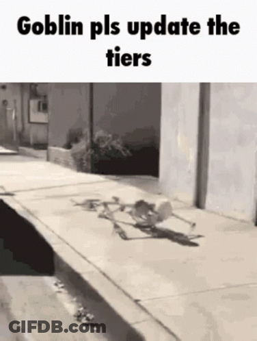 Skeleton Walking Down Sidewalk Saying Goblin Pls Update The Tiers GIF