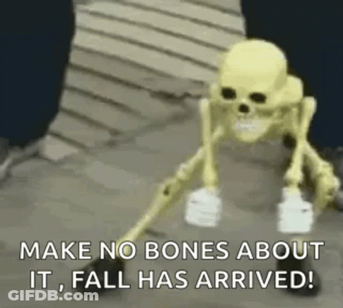 Skeleton Walking Sidewalk Saying Make No Bones About It Fall Has Arrived GIF