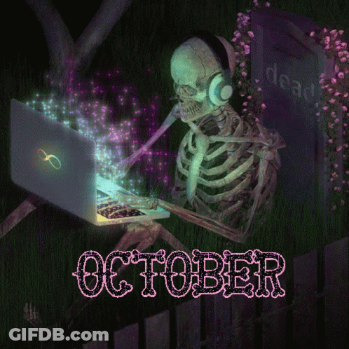 Skeleton Wearing Headphones Typing On Laptop October GIF