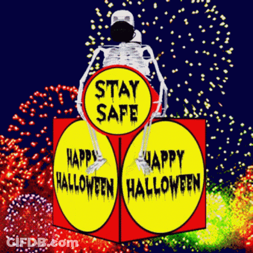 Skeleton Wearing Mask On Stay Safe Sign GIF