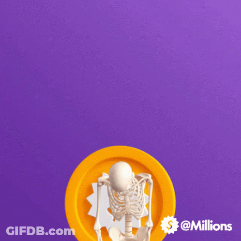 Skeleton With Cane Standing In Front Of Coin With Question Mark GIF
