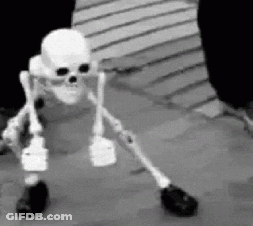 Skeleton With Crutches On Wooden Floor GIF