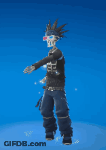 Skeleton With Mohawk And 3D Glasses Dancing On Blue Background GIF