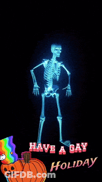Skeleton With Pumpkin And Gay Holiday Words GIF