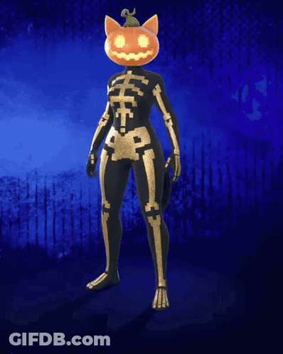 Skeleton With Pumpkin Head Holding Pancakes GIF