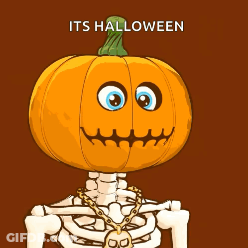 Skeleton With Pumpkin Head Saying Its Halloween GIF
